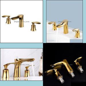 Torneiras do banheiro torneiras torneiras, chuveiros ACCS Home Garden Luxo Faucet de Ouro Sólido Braço de Cobre Misturador Basin Mixer Três Buraco Dois Handle