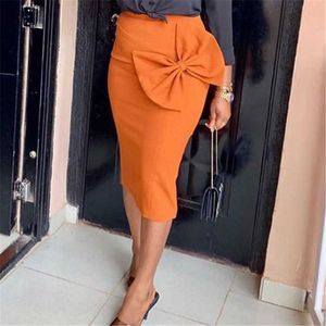 Women Butterfly Bow High Waist Skirt Office Ladies Work Wear Stretch Bodycon Sheath Jupe Saias Orange Red Summer Plus Size 210527