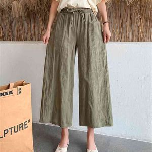 Cotton Linen Wide Leg Pants Women Summer Solid Calf Length Straight Elastic Waist Loose Casual Woman's Large Size Trousers 210522