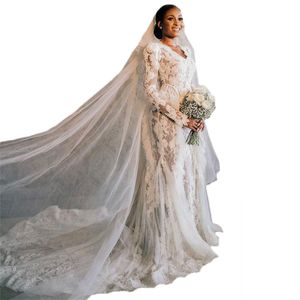 V Neck Lace Mermaid Wedding Dresses 2022 Long Sleeve Ruffles Bridal Gowns Plus Size African vestido de novia