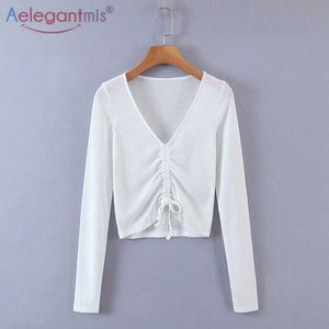 Aelegantmis Fashion Folds Solid V Neck Pullovers Female Elegant Long Sleeve Knitted Primer Shirt Ladies Casual Slim Korean Tops 210607