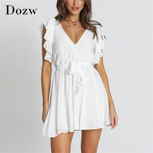 Yaz Kadın Mini Beyaz Elbise Derin V Boyun Ruffles Plaj Sundress Kolsuz Backless Chic Lady Ropa Mujer 210515