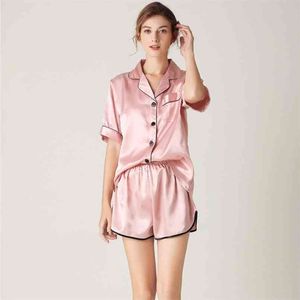 JULY'S SONG Women's Pajamas Sets Sleepwear Shorts Elegant Solid Female Pyjamas Pink Faux Silk Nightwear V Neck Pockets Homewear 210809