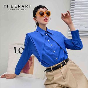 Mavi Uzun Kollu Tasarımcı Gömlek Kadın Katman Yaka Button Up Moda Bayanlar Tops Ve Bluzlar Kore Giyim 210427