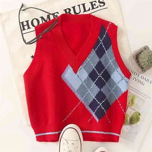 argyle knitted sweater vest casual sleeveless streetstyle short pullovers autumn winter v neck tops 210427
