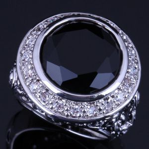Cluster Rings Fantastic Big Round Black Cubic Zirconia White CZ Silver Plated Ring V0566