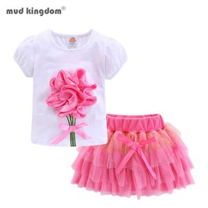 Mudkingdom söta tjejer outfits boutique 3d blomma spets båge tulle tutu kjol set för toddler tjej kläder kostym sommar noverlty 210615