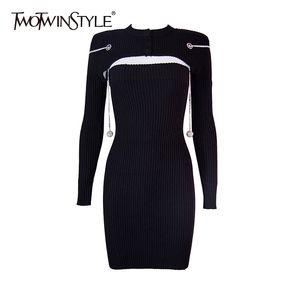 TWOTWINSTYLE Hollow Out Patchwork Chain Dress For Women O Neck Long Sleeve High Waist Slim Knitted Dresses Female Fashion 210517