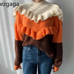 Ezgaga Chic Ruffles Dolcevita Streetwear Maglione Donna Moda Coreano Patchwork Top Spessore Caldo Outwear Pullover Maglione femminile 210430