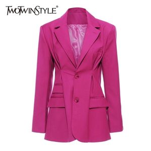 TWOTWINSTYLE Elegante giacca stile OL per le donne Collo con risvolto Tunica a maniche lunghe Abito con balze allentate Abbigliamento moda femminile 211122