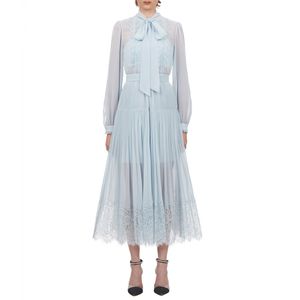 Elegancka Pale Blue Szyfonowa Koronka Przycięta Kobiety Z Długim Rękawem Bowknot Collar Plised Sukienka Kobieta Wysoka Talia Party Dresses 210416