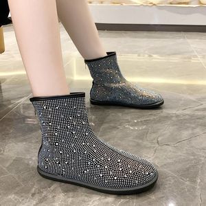 Мода Crystal Bling зимние сапоги женская обувь Женщина Zip Round Toe Женские сапоги плоские низкие каблуки ботильоны плюс размер Botas Mujer