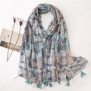 Algodão Floral Impresso Scarf Shawls Hijabs com Borlas Mulheres Moda Muçulmana Large Head WrapsCarf