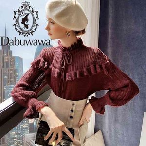 Dabuwawa Vintage Knit Pullover Sweater Women Lantern Sleeve Ruffle-Neck Winter Sweet Loose Fit Bow Sweaters Female DT1DKT029 210520