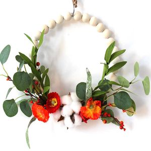 Beads de madera Eucalipto con corona de bolas de algodón Todas las temporadas Casa de campo Guirnalda de flores rústicas para puerta principal Boho Decoración de pared Q0812