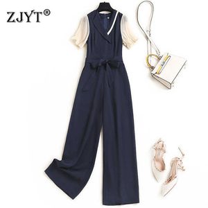 Summer Runway Fashion Elegant Short Sleeve Patchwork Sashes Jumpsuits Womens Rompers Office Lady Wide Leg Full Length Pants 210601