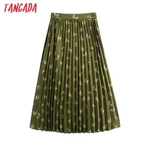 Women Print Green Pleated Midi Skirt Faldas Mujer Vintage Side Zipper Office Ladies Elegant Chic Mid Calf Skirts BE426 210416