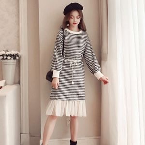 Vinter New Ladies Houndstooth Casual Loose Striped Print Mid-Length Over-the-Knä Temperament Mesh Skirt Woolen Dress Women 210422