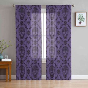 Crânio roxo pura janela tulle quarto quarto para cozinha decoração de cortina