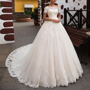 Elegant Short Sleeves Appliques Lace Gown Wedding Dress A-Line Long Chapel Formal Brige Wear Custom Made Vestido De Novia