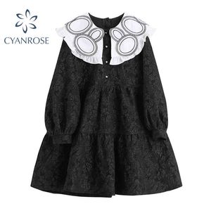 Mode Frühling Kleid Frauen Laterne Langarm Peter Pan Kragen Gothic Lolita Übergroße Kleider Preppy Stil Elegante Kleider 210417