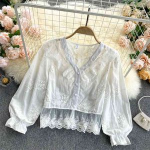 Mulheres moda retro quadra v pescoço manga longa malha de gancho de laço flor doce camisa curta tops elegante blusa roupas R911 210527