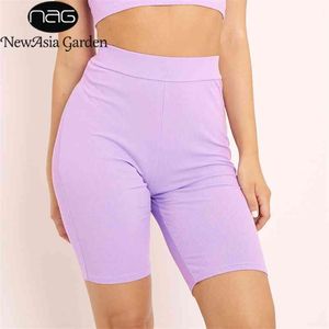 Asya Nervürlü Şort Kadın Yaz Yüksek Bel Biker Beyaz Bodycon Koşu Bisiklet Casual Loungewear Siyah 210719