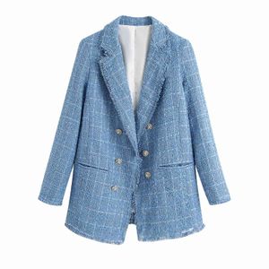 Small Fragrant Wind Woolen Tweed Retro Loose Blue Female Coat Lapel Long Sleeve Chic Women's Jacket 210507