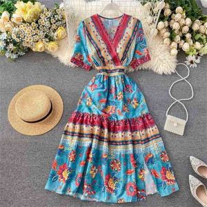 Retro Kobiety Sukienka Vestidos Mujer Lato Z Krótkim Rękawem Slim V-Neck Vintage Drukowane Suknie Damskie Damskie Damskie Robe 210525