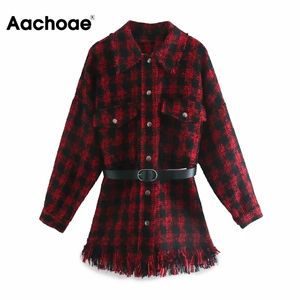 ACHOAE 여성 패션 격자 무늬 트위드 재킷 벨트와 벨트와 긴 소매 빈티지 술 포켓 코트 숙녀 셔츠 자켓 210413