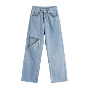 Kvinnor Blå Solid Jeans Pocket Empire Casual Straight Hole Denim Byxor Hollow Out P0018 210514