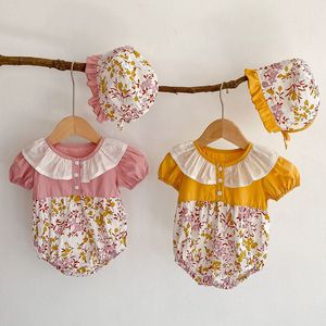 0-3yrs Sommarbarn Baby Jumpsuits Girls Short Sleeve Floral Kläder Kläder Rompers 210429