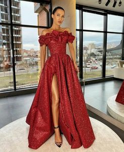 Glitter Burgundy Sequined A Line Evening Dresses Long Side Split Prom Party Gowns With Ruffles Bateau Neck Pageant Dress For Women Vestido