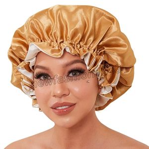 Dubbelskikt Stor Silk Satin Bonnet för Long Curly Hair Sleep Cap Solid Färg Kemo Hat Mode Afrika Headwap Justerbar