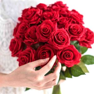 10 st Röd Rose Artificial Flower Real Touch Latex Blommor Faux Silikon Fake Bouquet Dekoration För Hem Bröllopsfest