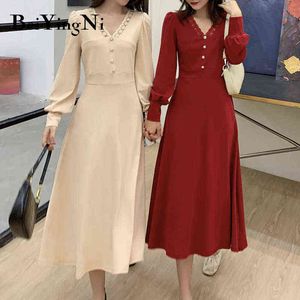 Beiyingni Kobiety Elegancka Linia Midi Sukienka Jesień Zima Frezowanie Francuski Luksusowy Casual Solid Color Suknie Ladies Streetwear Szaty Y1204