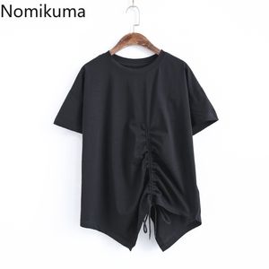 Nomikuma Kordelzug Lace Up Unregelmäßiges T-Shirt Frauen Solide Farbe O Hals Kurzarm T-shirts Freizeit Mode Lose Tops T-shirts 3B822 210514