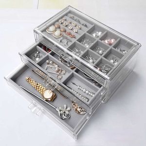 Przezroczyste pudełko z biżuterią akrylową kolczyki pierścienie naszyjniki wisiorki wyświetlacz biżuterii pudełka do przechowywania tacy flanelowej X0703