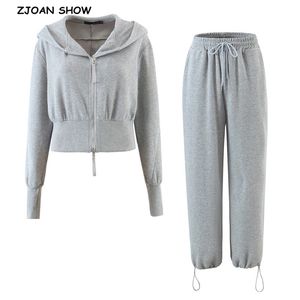 Harajuku Double Zipper Hooded Hoodies Women Cropped Sweatshirt Elastic High Waist Adjust Cuff Wide Leg Pants Short Jumper 210429