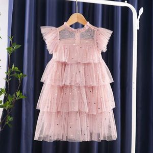 2021 Nya Baby Girls Dress Lace Five Stars Sequins Toddler Sommarkläder Kids Ball Gown Dress Pink Party Barnkläder, # 5931 Q0716