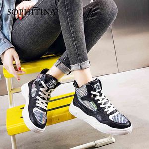 SOPHITINA Platform High-Top Shoes Women Casual Fish Pattern Premium Leather Sports Shoes Round Toe Mid Heel Women Boots SO749 210513