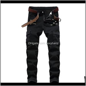 Odzież odzież kropla Dostawa 2021 Jeans Motocykl Denim Dorywczo Czarne Spodnie Zip Ozdobny Kiełkowy Fold Fajne Solid Color Mens Stretch Pan
