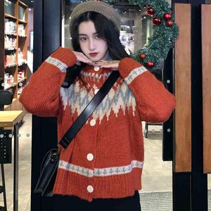 2 kolory jesień i zima w stylu japońskim luźne grube Knittd Cardigans Damskie Swetry Boże Narodzenie Sertigan Kobiet (C8643) 210423