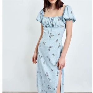 Women Summer Vintage Dress ZA Puff Sleeve Bow Tie Floral Print Split fork Female Elegant Sweet Lining Dresses Vestidos 210513