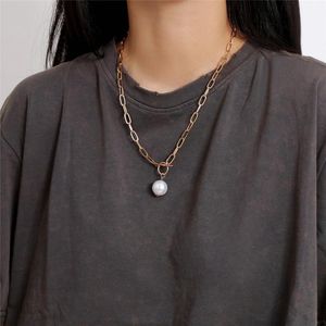 Chains Vintage Round Pearl Pendant Choker Necklace For Women Punk Toggle Clasp Chunky Chain Jewelry