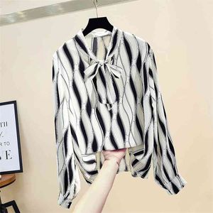 Spring Autumn Women's Blouse Korean Style Bowknot Long-sleeved Hit Color Printing Loose Chiffon Female s GX313 210507