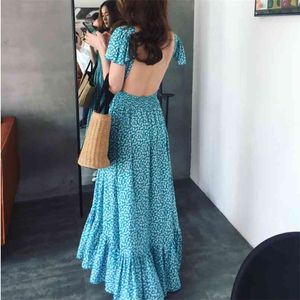 Sommar strand stil v-neckblå öppen tillbaka sexig damer lång klänning elegant mantel Korea lösa moderna dam klänningar 210529