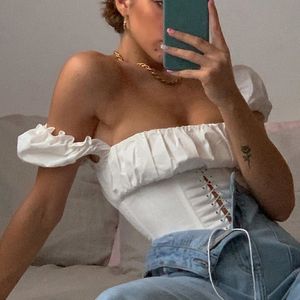 Off Shoulder Fashion Lace Up Shirts Blouse Women White Crop Tops Blouses Clothes Vintage Tie Front Tops 210419