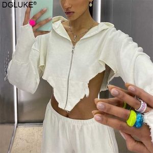 Seksi kırpılmış fermuarlı kadınlar hip hop yırtılmış büyük boy kapşonlu sweatshirt uzun kollu kapüşonlu sweatshirt sokak kıyafeti ceket 211023