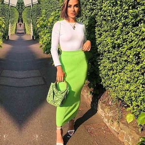 Stickade midi kjol kvinnor 2021 kvinnlig elegant kontor arbetskläder penna kjolar ny höst vinter hög midja bodycon neon rosa kjol x0522